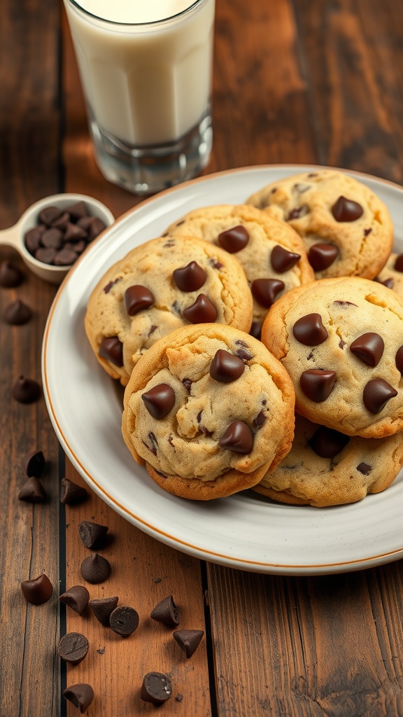 A plate of warm chocolate chip cookies with melting chocolate chips, served with a glass of milk.
